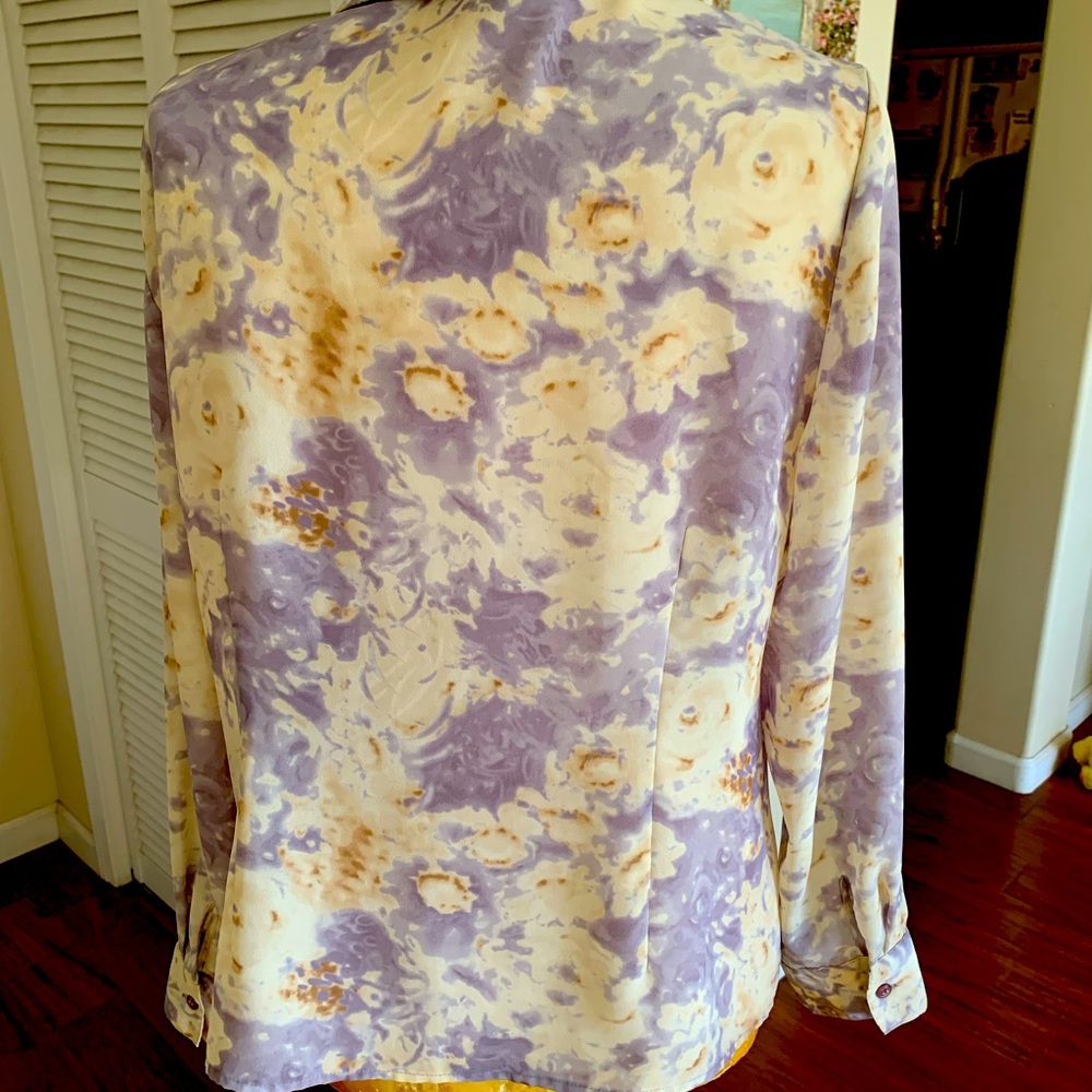 Very pretty, chiffon, lilac, and cream, colored button down blouse. - Picture 3 of 5